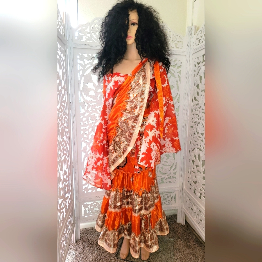 xotic Silk Orange Multicolor Reversible Wrap Skirt